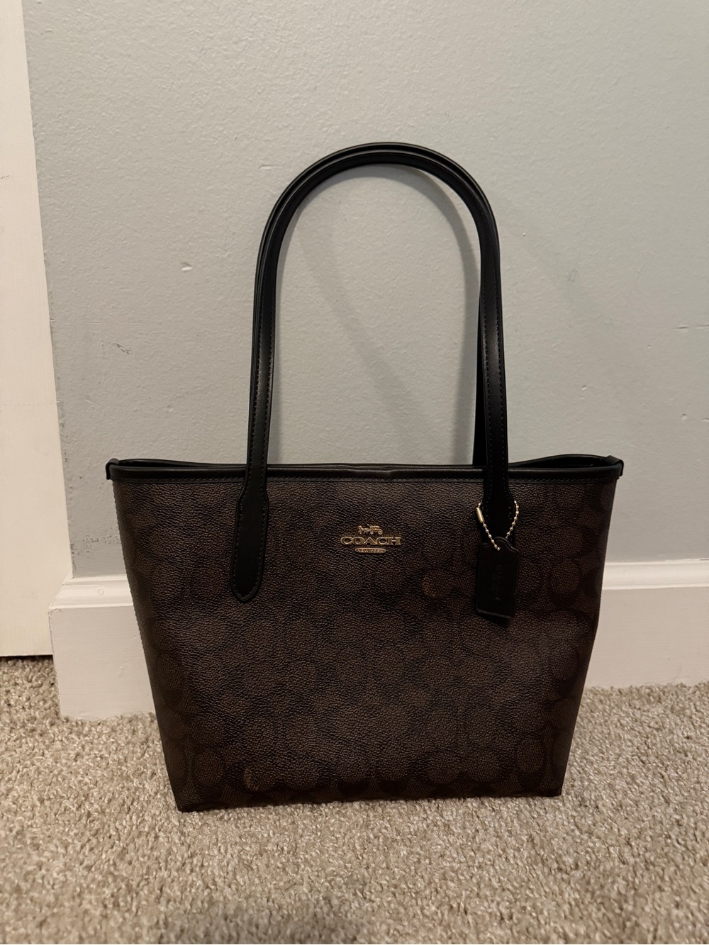 Coach Small Brown Signature Canvas Tote with Black Handles